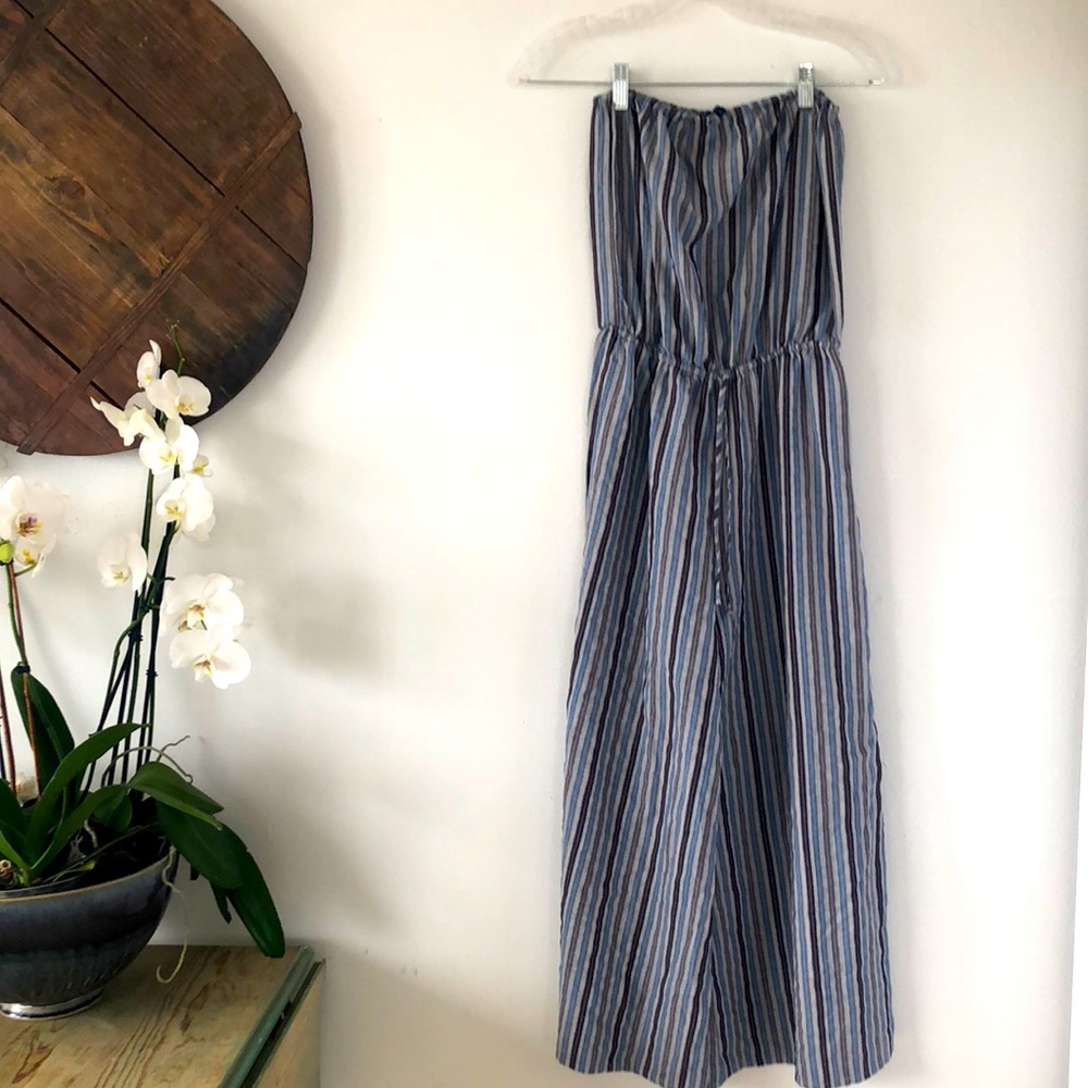 Blue Life Strapless Wide Leg Crop Jumpsuit Blue, Rust, Cream Stripe Sz S- EUC